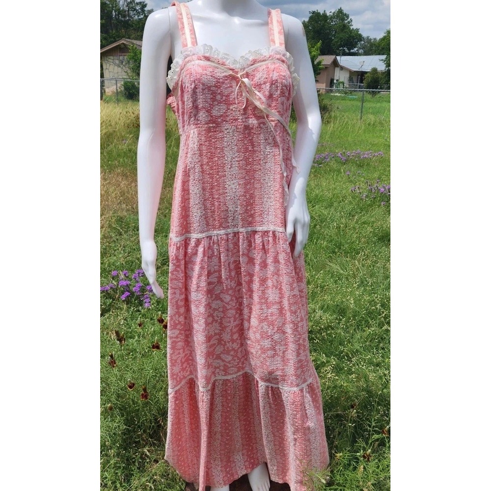 Vintage 1970s PBJ Prairie Dress Maxi Pink Floral Boho Lace Romantic Feminine